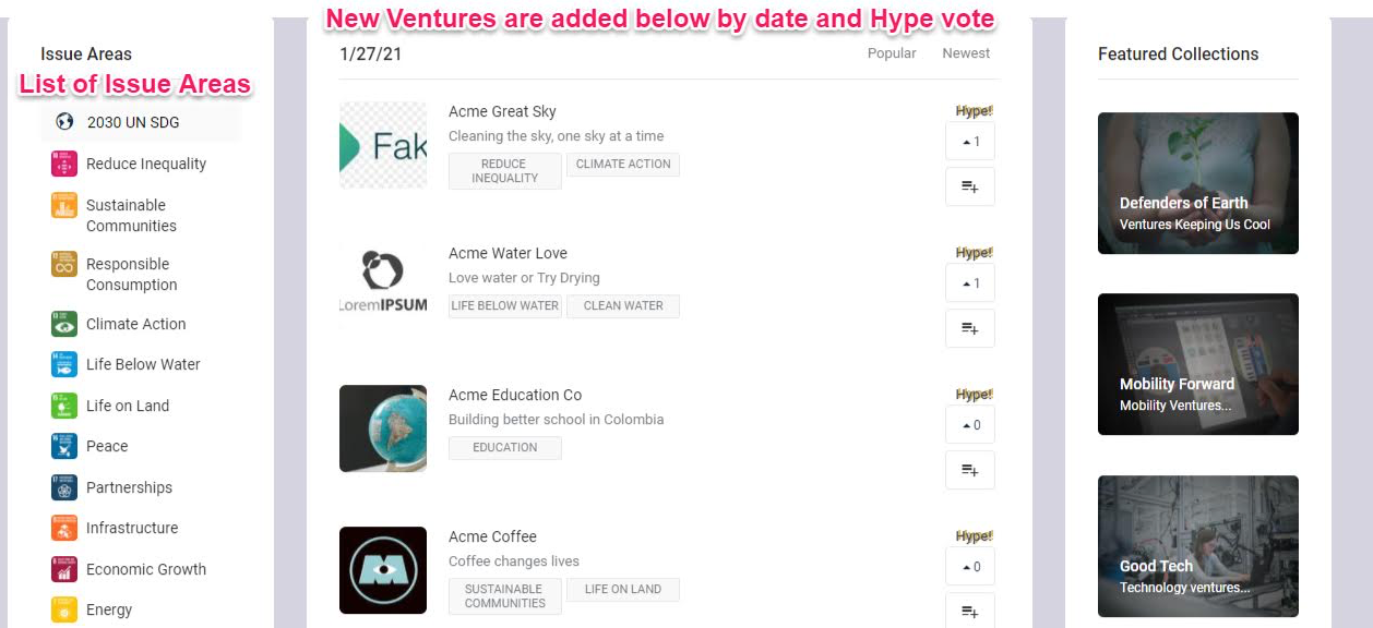 Users are greeted by a scrolling venture section which allows them to explore different social innovation projects.
