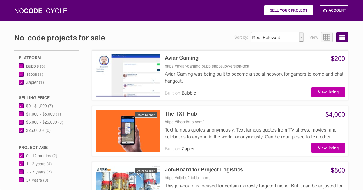 Anyone can browse through the projects that are for sale and can narrow down their search using a range of filters.