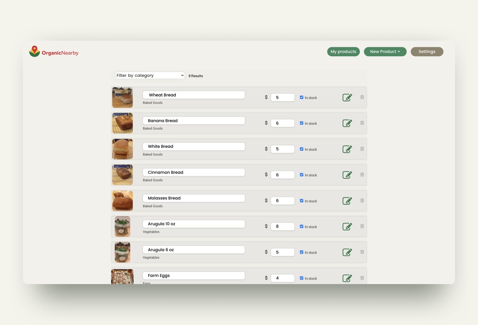 Farmer backend portal where they get to easily manage all of their products.