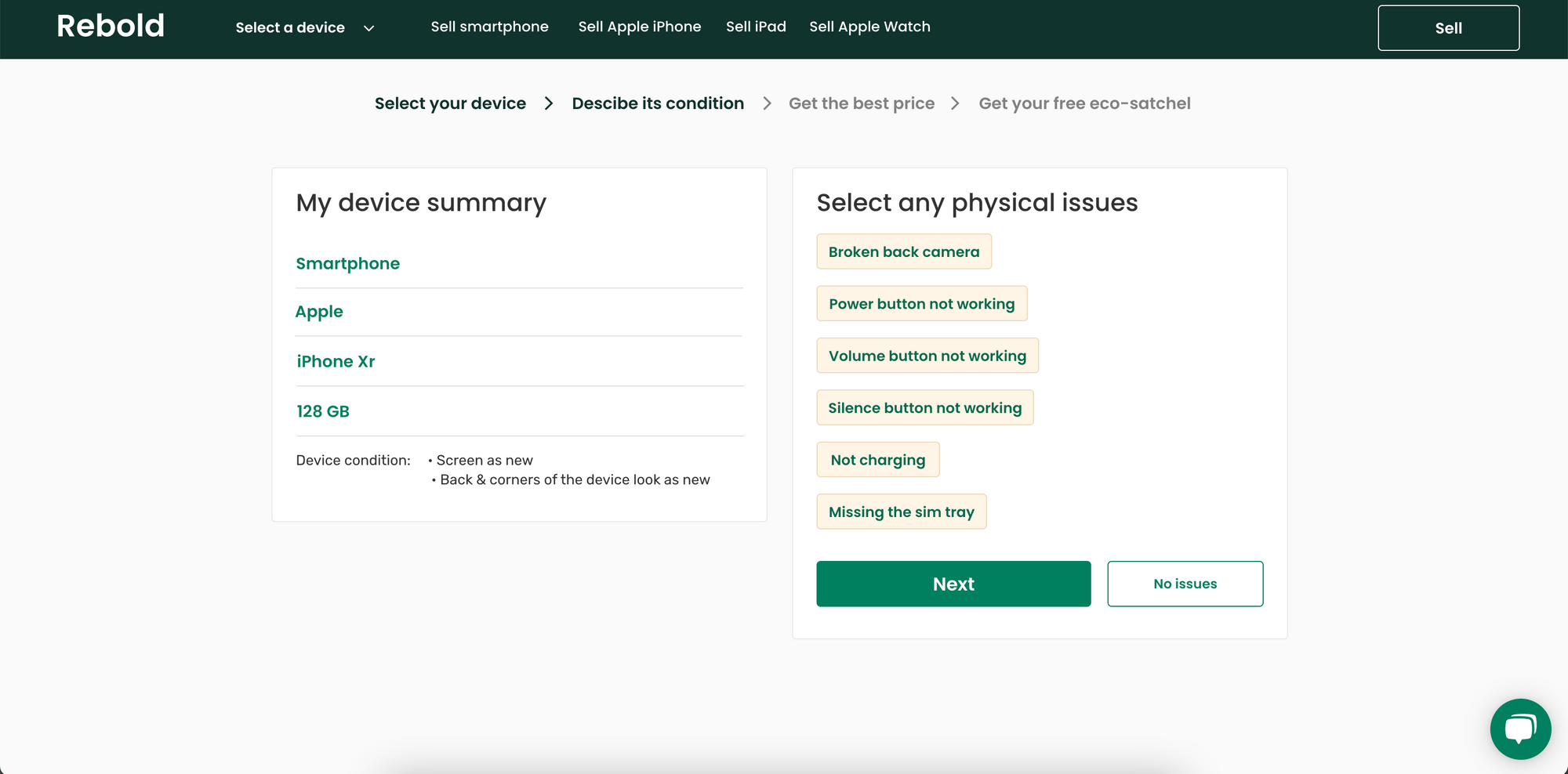 Users can select the condition of your device and sell it on Rebold.
