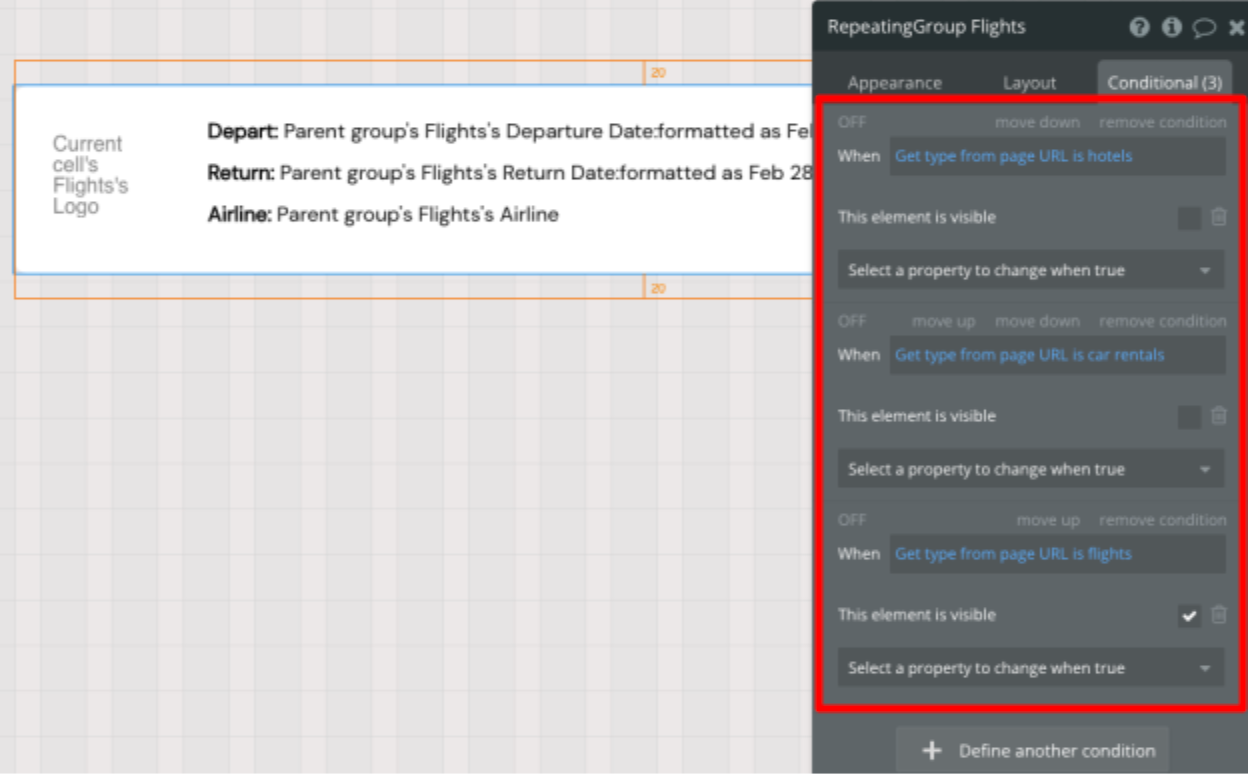 Setting conditional rules to show/hide “RepeatingGroup Flights”