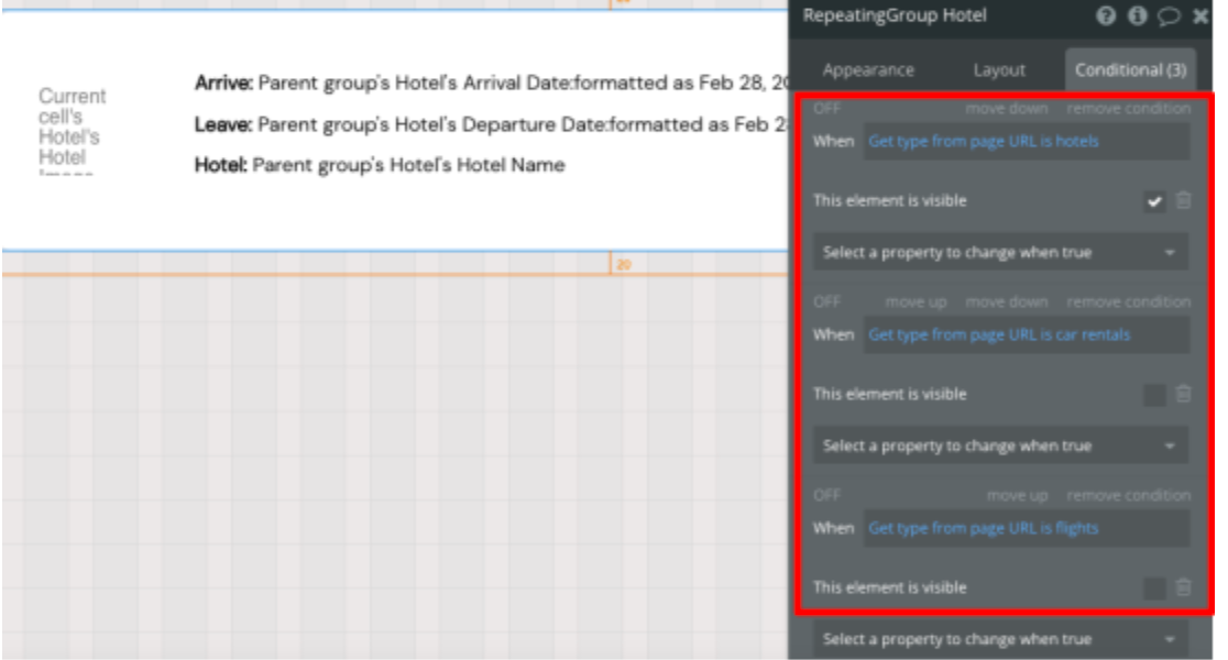 Setting conditional rules to show/hide “RepeatingGroup Hotels”