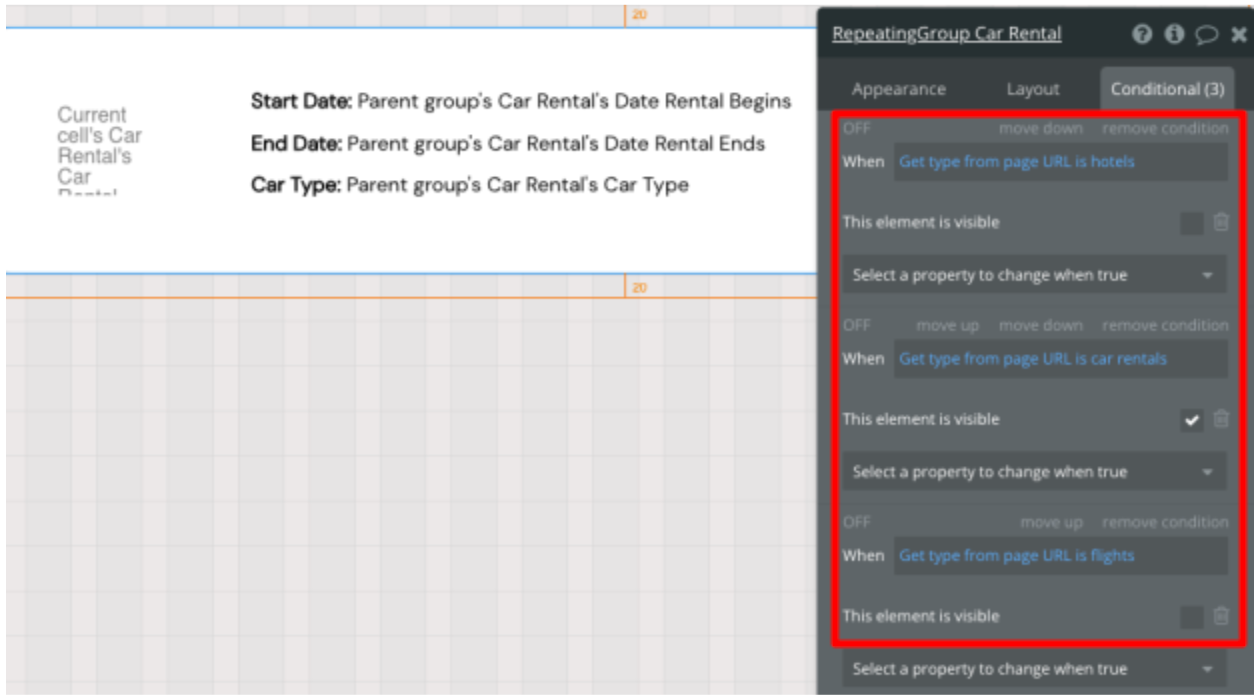 Setting conditional rules to show/hide “RepeatingGroup Car Rental”