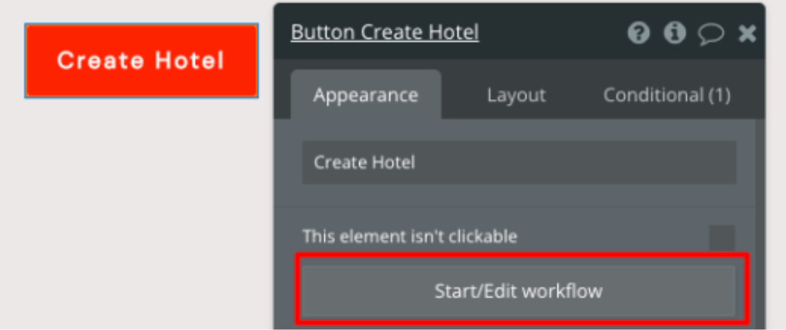 Create Hotel Button and Start/Edit workflow action