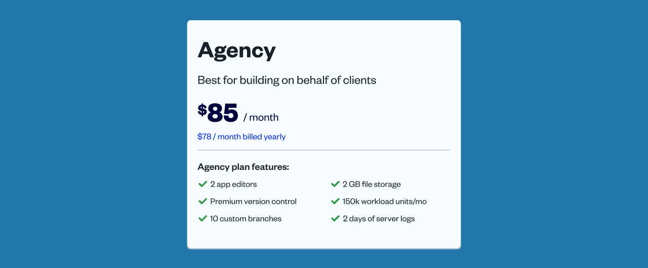 An overview of pricing for the Agency plan, plus its features