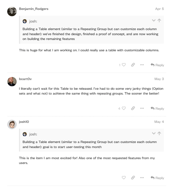 Screenshots of Bubble users expressing their excitement about the Table element on the Forum.