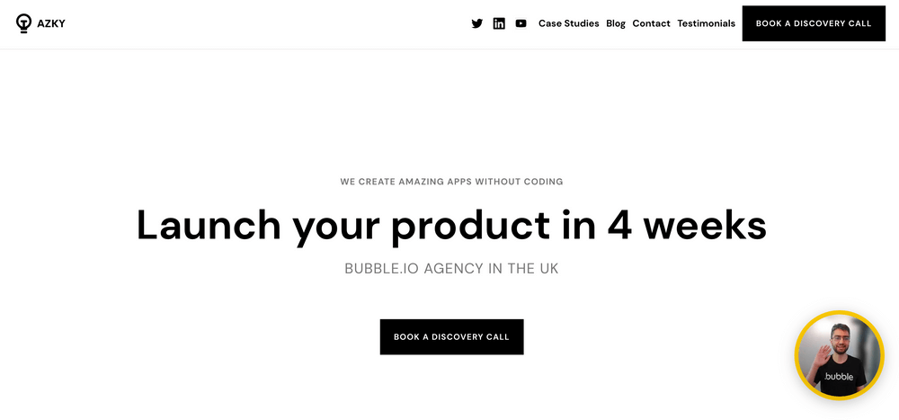 A screenshot of a web page from AZKY that says "Launch your product in 4 weeks." It includes a button to book a call.