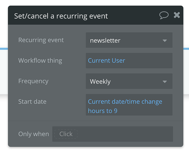 Bubble builder window, black on dark gray, settings for recurring events.