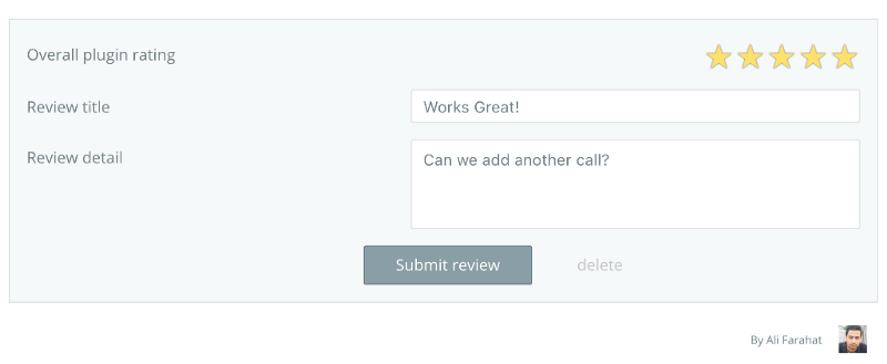 Plugin review form with star rating, title, and details.