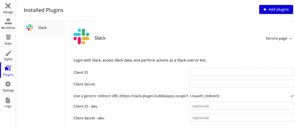 Bubble installed plugins dashboard.