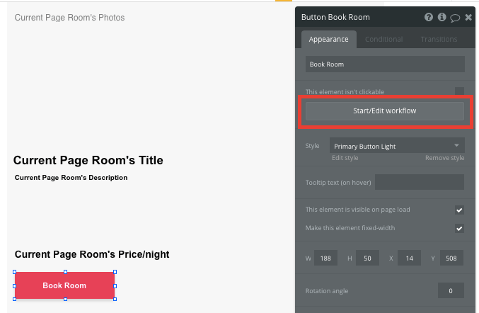 Bubble no code AirBnb clone tutorial walkthrough - book room button. 