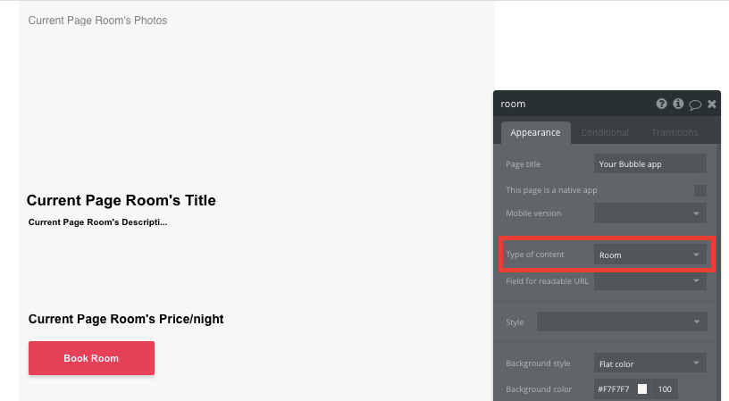 Bubble no code AirBnb clone tutorial walkthrough - room page to room property.