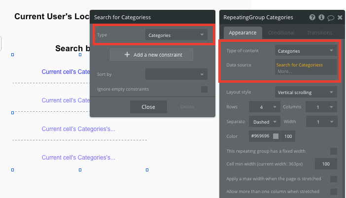 Setting a repeating group in Bubble editor.