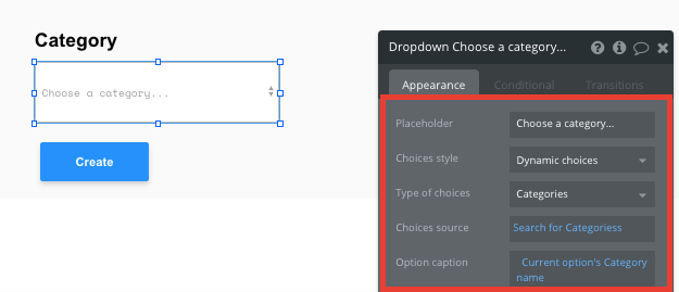 Adding a "Choose a Category" dropdown in Bubble editor.