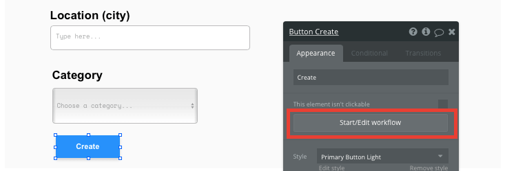 Starting a create button workflow in Bubble editor.