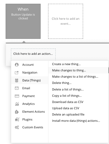 Creating a new thing in a database in Bubble editor.