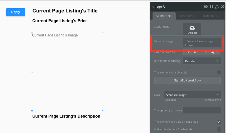 Configuring listing page image in Bubble editor.