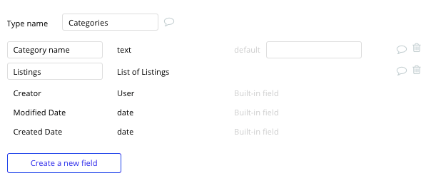 Category data field settings in Bubble editor.