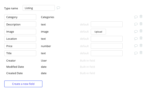 Listings data field settings in Bubble editor.