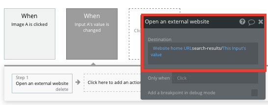 External website URL workflow in Bubble editor.