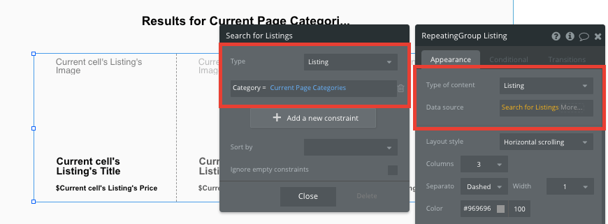 Listing display settings in Bubble editor.