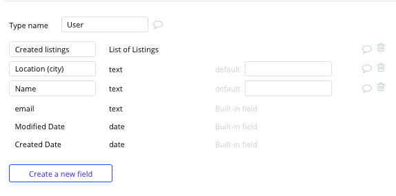 User data field settings in Bubble editor.