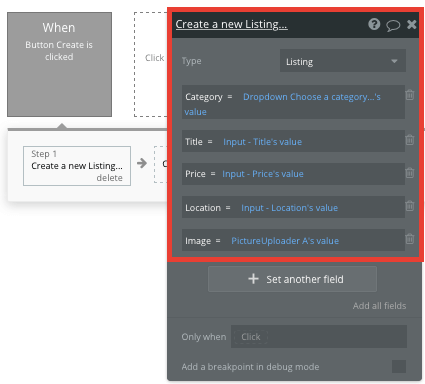 New listings workflow settings in Bubble editor.