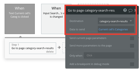 Category search results settings in Bubble editor.