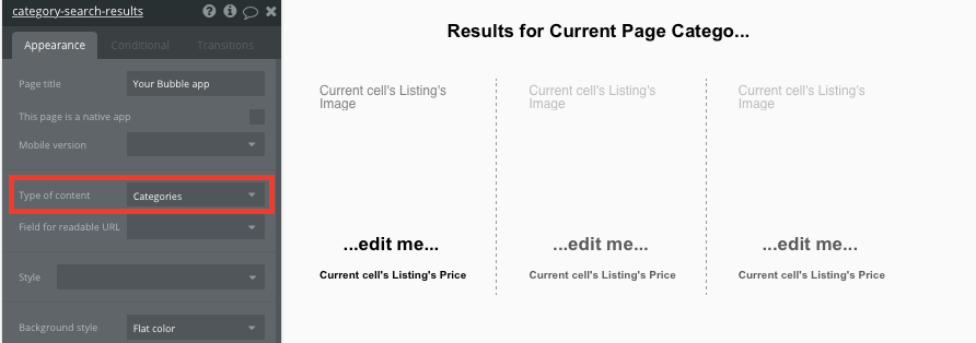 Setting cateogry page type in Bubble editor.