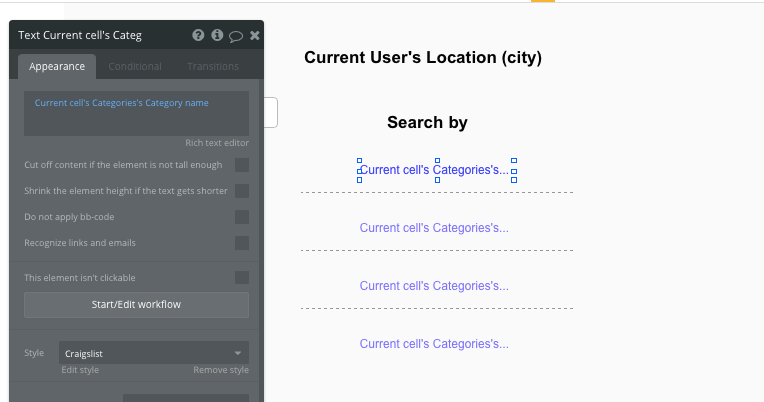 Category cell appearance settings in Bubble editor.