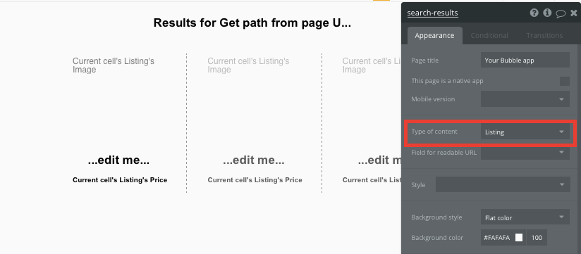 Changing page type from categories to listings in Bubble editor.