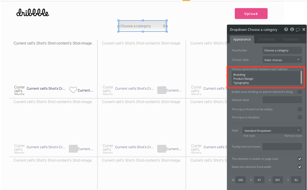 Creating Dribbble shot categories using Bubble’s no-code elements
