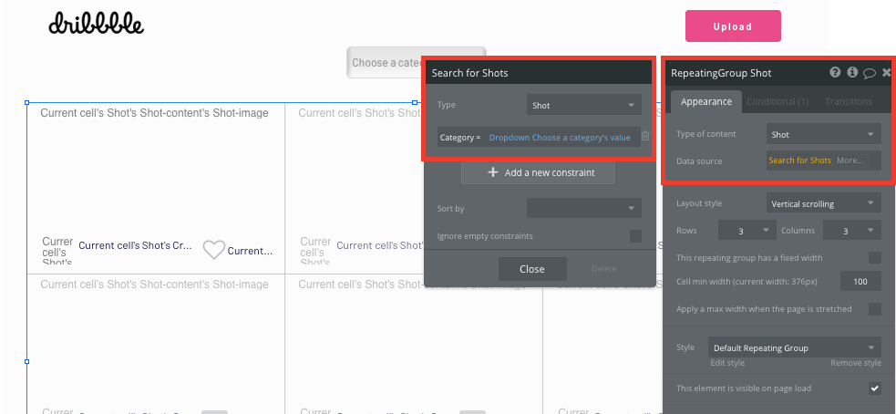 Building the structure of a repeating group to display Dribbble shots