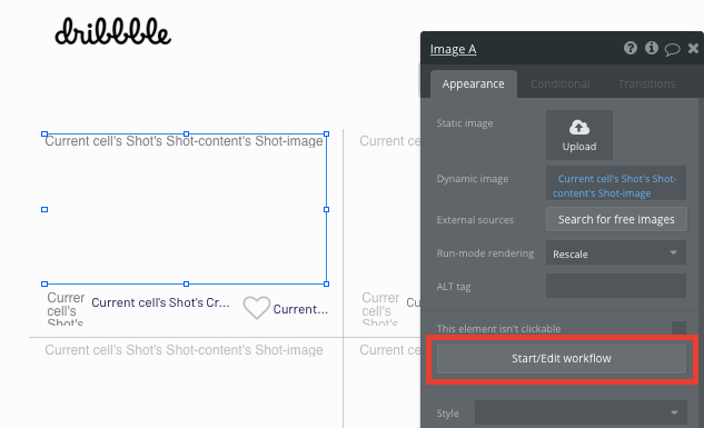 Creating a new workflow when a no-code Dribbble shot is clicked
