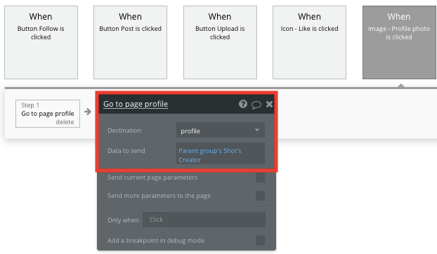 Sending data to a Dribbble user profile in a no-code clone