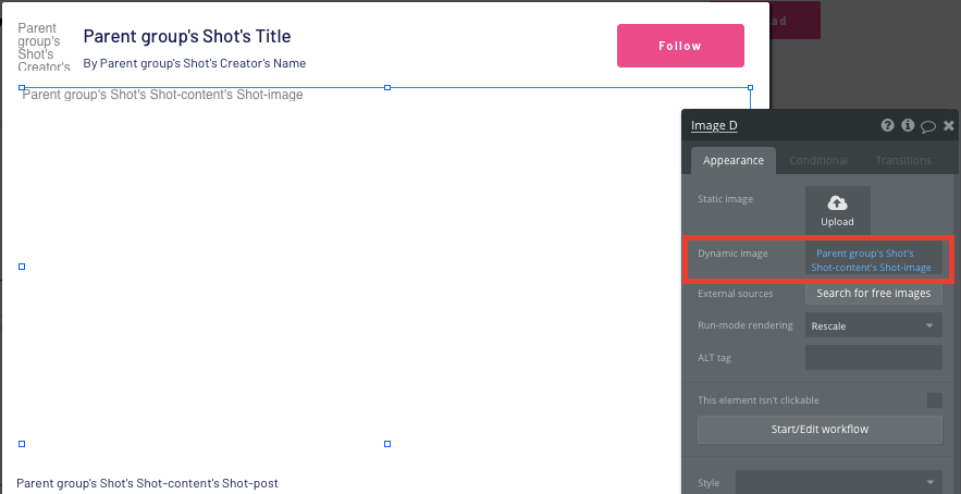 Configuring the dynamic content of a no-code Dribbble shot