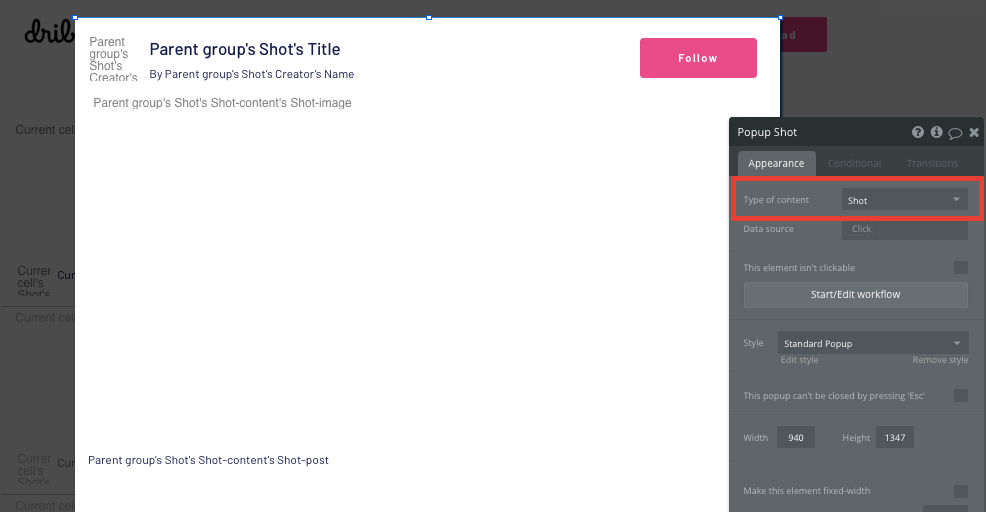 Creating a popup element to display a Dribbble shot