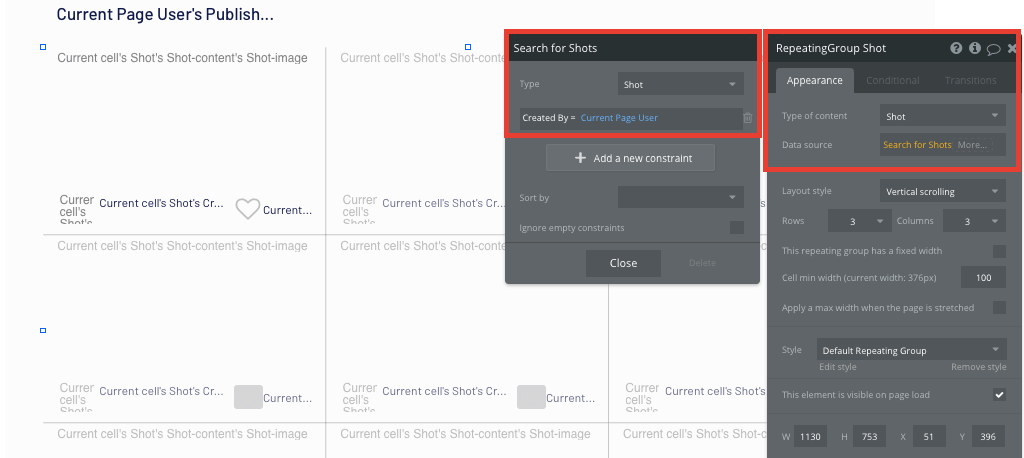 Configuring the data type of a Dribbble no-code clone repeating group