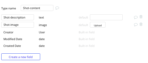 Dribbble’s shot content data fields in Bubble’s no-code database