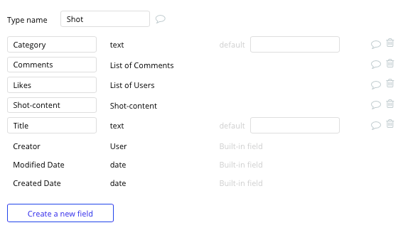 Dribbble shot database and data fields built with no code