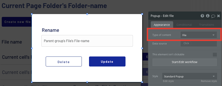 Adding a no-code popup to edit a Dropbox file name