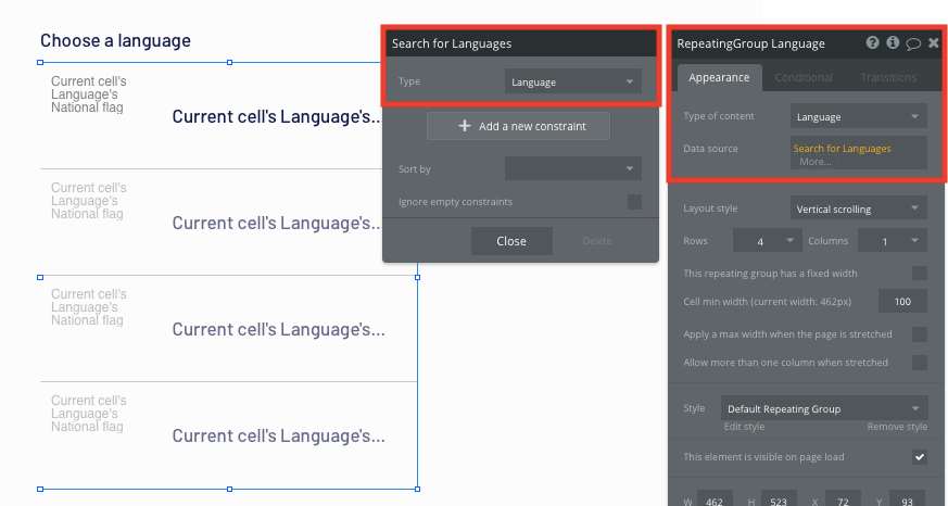 Displaying a list of languages in a Duolingo clone built with no code