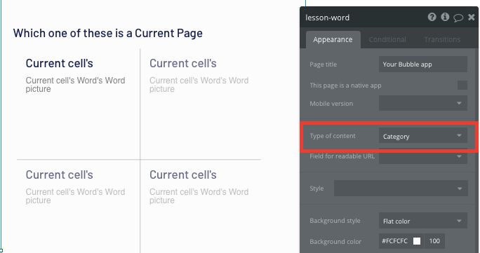 Bubble no code Duolingo clone tutorial category page configurations