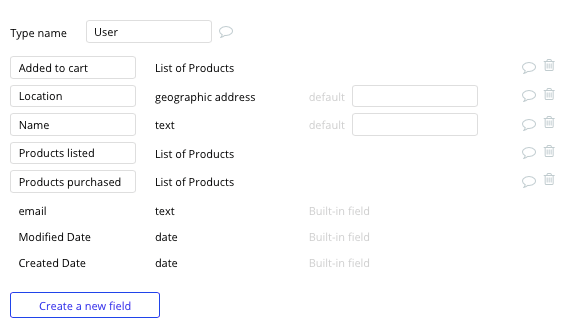 Bubble Etsy Clone User Data Type and Fields