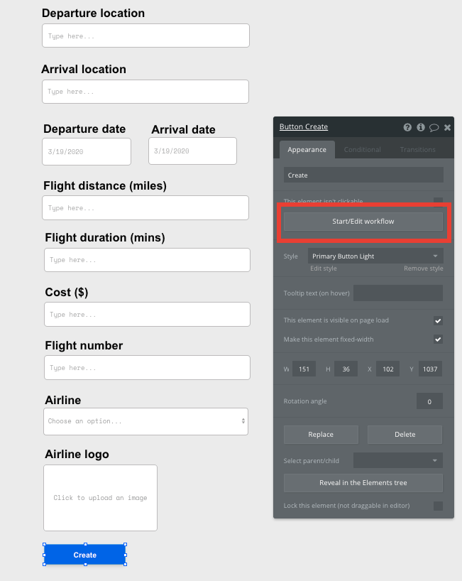 Bubble No Code Expedia clone walkthrough tutorial - create flight workflow.