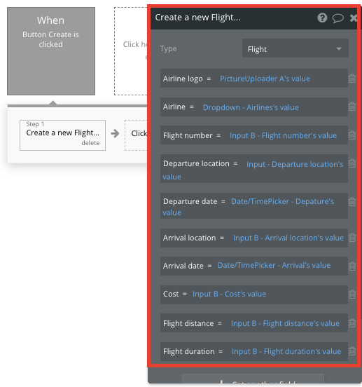 Bubble No Code Expedia clone walkthrough tutorial - new flight data fields.