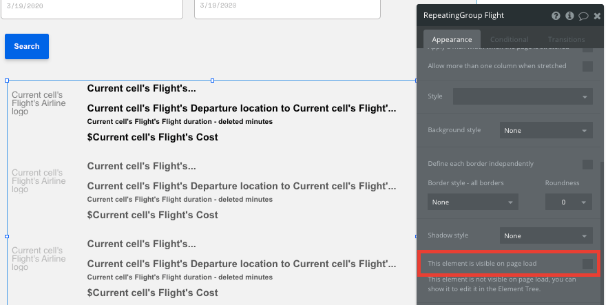 Bubble No Code Expedia clone walkthrough tutorial - repeating group appearance.