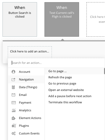 Bubble No Code Expedia clone walkthrough tutorial - navigation workflow.