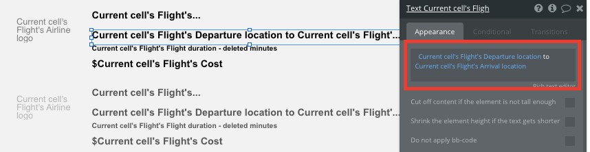 Bubble No Code Expedia clone walkthrough tutorial - flight cell appearance.