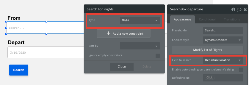 Bubble No Code Expedia clone walkthrough tutorial - flight search box.